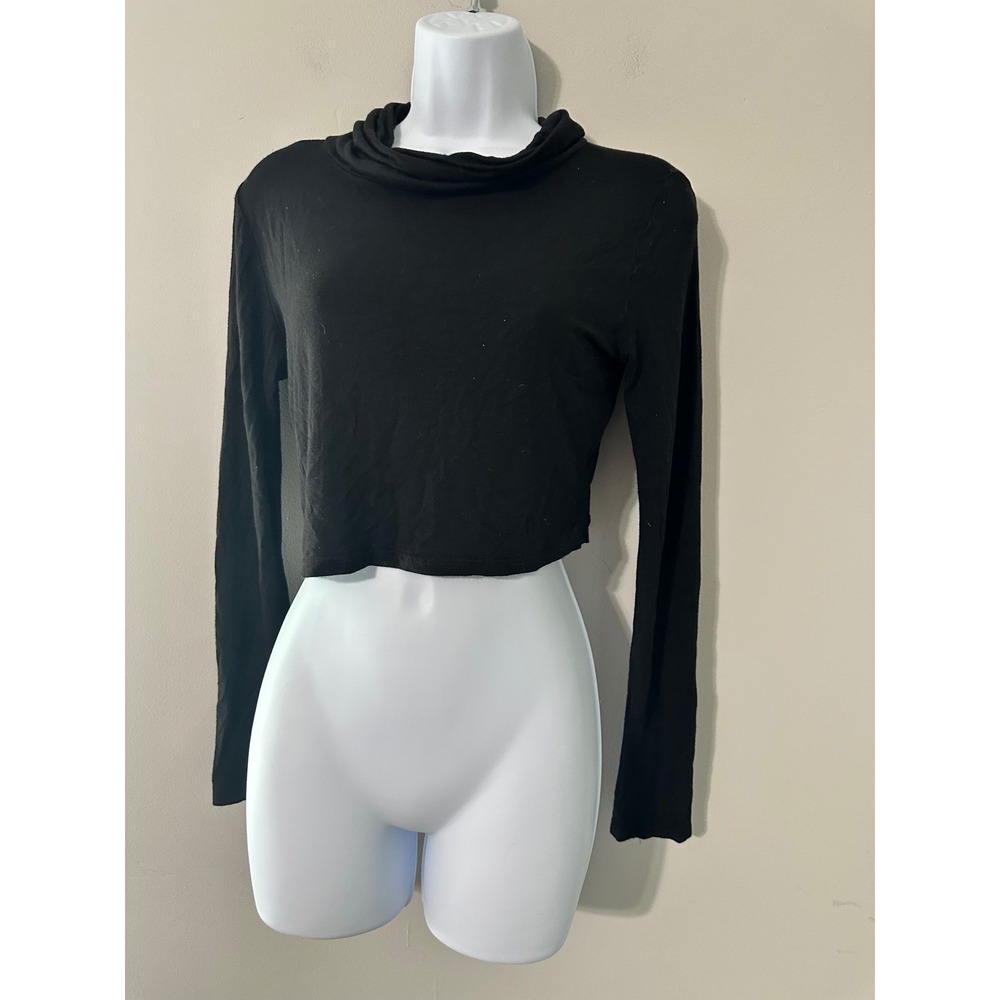J USA‎ Black Long Sleeve Cowl Neck Cropped Top Women's